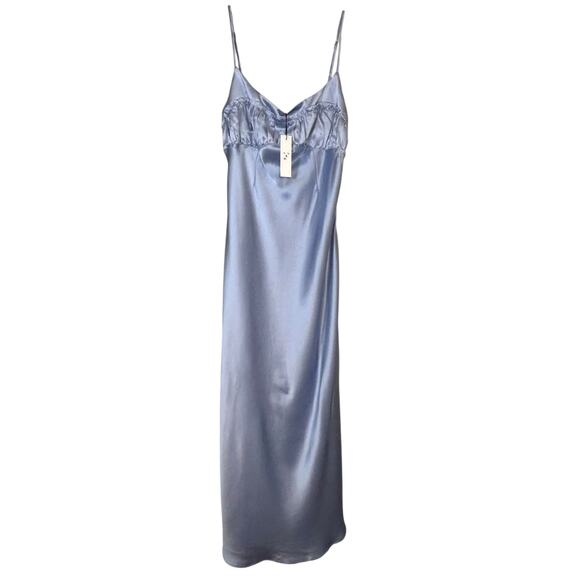 Fleur Du Mal, NWT Women’s Ruched Bust Dress in Cloud, Satin Midi - Blue, Medium - Picture 3 of 10